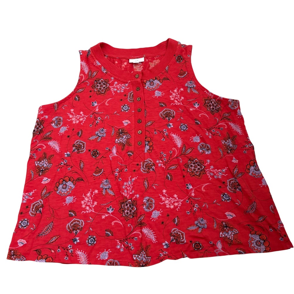 J. Jill Red Floral Henley Tank‎ Top Cotton Tencel Modal Sleeveless XL Petite